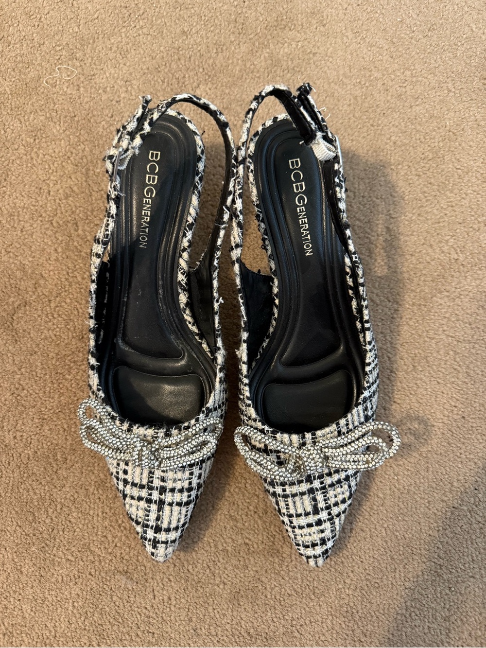 BCBGeneration Black & White Tweed Pointed Slingback Heels with Rhinestone Bow